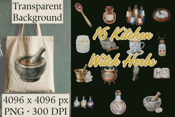 Download Kitchen Witch Watercolor Herbs Clipart - Premium Bundle